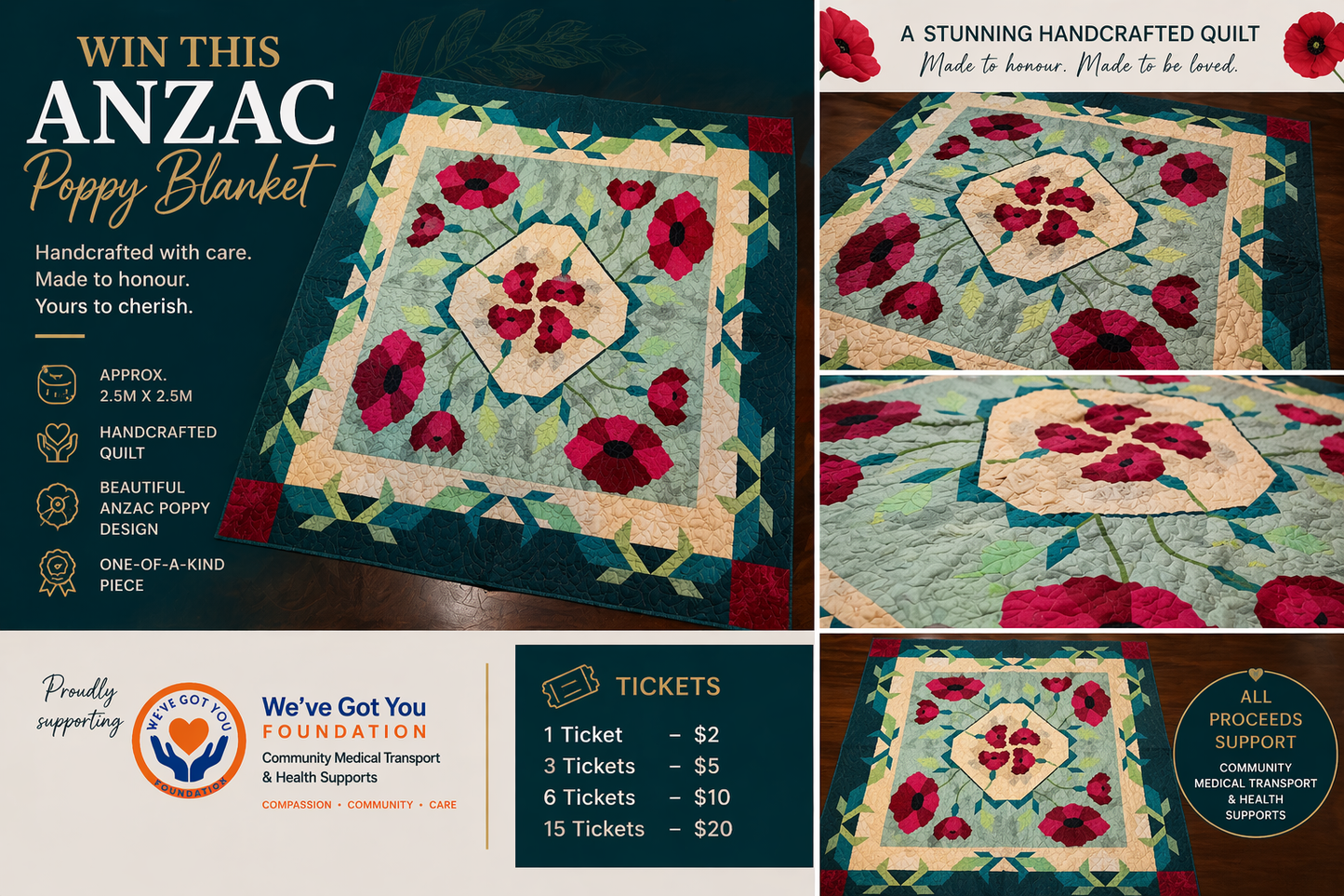 ANZAC Poppy Blanket Raffle - handcrafted 2.5m x 2.5m