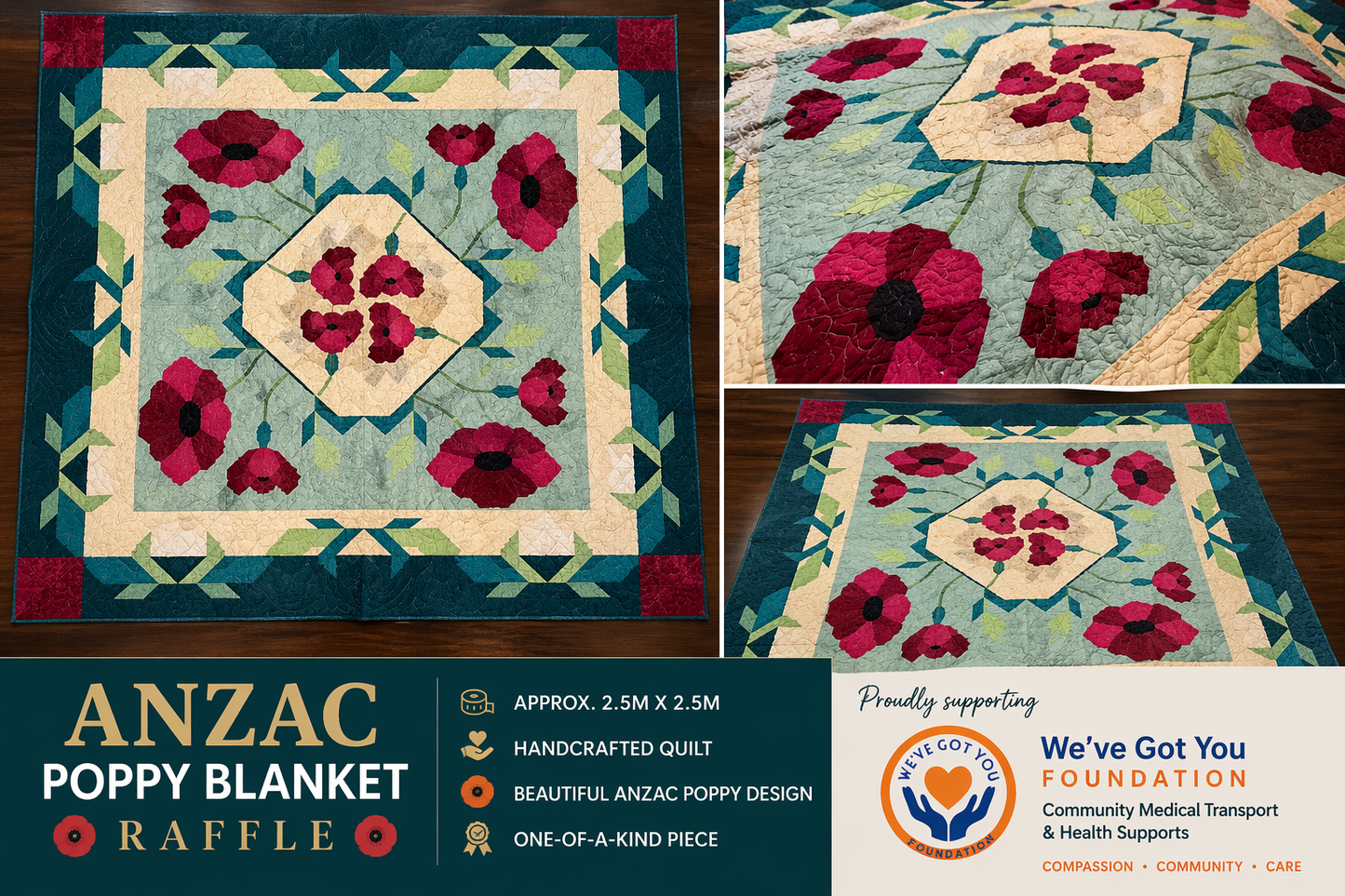 ANZAC Poppy Blanket Raffle - handcrafted 2.5m x 2.5m